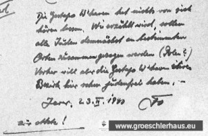 Randbemerkung von Bürgermeister Folkerts vom 23. Febr. 1940. Man hatte bereits Anfang 1940 in Friesland von den geplanten Deportationen „alle[r] Juden“ nach Osteuropa Kenntnis und die Gestapo Wilhelmshaven handelte mit der Vertreibung der regionalen Juden offenbar eigeninitiativ.