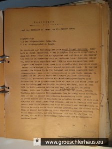 Protokoll der Befehle und Drohungen, die Adolf Weinberg am 29. Jan. 1940 erhielt und unterschreiben musste. Weinberg wurde 1943 zusammen mit seiner Frau Resi und seinem 10jährigen Sohn Wolf in Auschwitz ermordet.