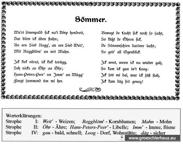 Kunstvoller Abdruck des Gedichts „Sömmer“ von August Schwabe in Heft 9, 1905 von „Der Friese“ (Schloss-Bibliothek Jever); Glossar von Werner Menke