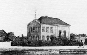 Die 1848 im klassizistischen Stil erbaute Synagoge von Varel. Synagoge, Schule und Lehrerwohnung befinden sich unter einem Dach. (Zeichnung von 1860)