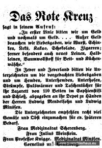 Mehrfach schaltet das Rote Kreuz Anzeigen, mit denen um Spenden von „Liebesgaben“ gebeten wird. Die Auflistung verdeutlicht, was besonders begehrt ist. (JW Nr. 210 / 1914)