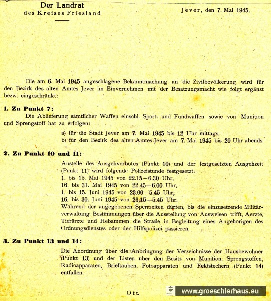 Aushang des Landrats vom 7. Mai 1945 im Befehl der Militärregierung (Schloss-Archiv Jever)