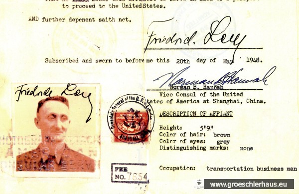 Affidavit (Einreiseerlaubnis) für Fritz Levy für die USA, ausgestellt am 20. Mai 1948 in Shanghai. Archiv H. Peters 