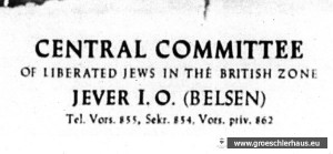 Briefkopf „Zentralkomitee der befreiten Juden in der britisch besetzten Zone in Jever“ von 1950 (Gedenkstätte Bergen-Belsen)