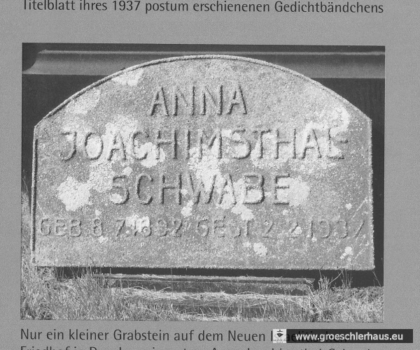Grabstein von Anna Joachimsthal-Schwabe auf dem Neuen Israelitischen Friedhof Dresden (NTR 07/01.2). Sammlung Holger Frerichs.
