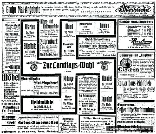 Intensiv zogen die Nationalsozialisten propagandistisch zu Felde, sie konnten mit der Hilfe des „Jeverschen Wochenblatts“ rechnen (JW 2.5.1931)